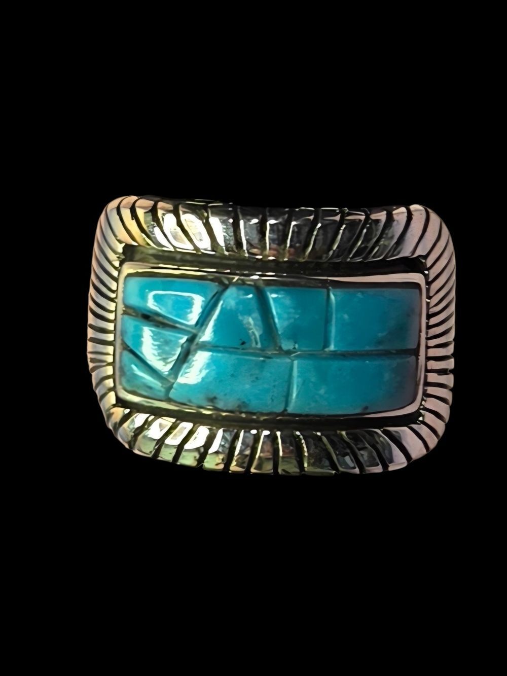 Vintage Sterling Silver Turquoise Rectangular Geometric Inlay Ring Sz 8.25 NWT